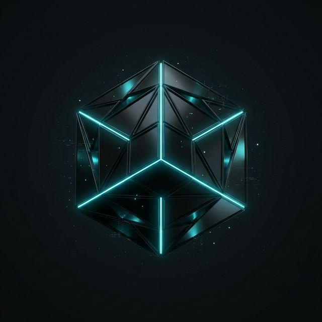 Abstract 3D dark geometric cube with neon cyan glowing edges
